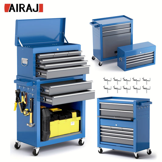8 Drawer Tool Storage Cabinet on Wheels - High Capacity, Removable Organizer, Detachable Top Box, Locking System, Ideal for Workshop & Garage, Blue