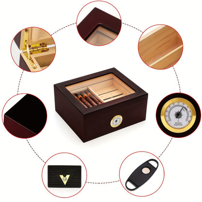 Cigar Humidor for 30-50 Cigars - Cigar Box with Hygrometer and Humidifier for Optimal Storage