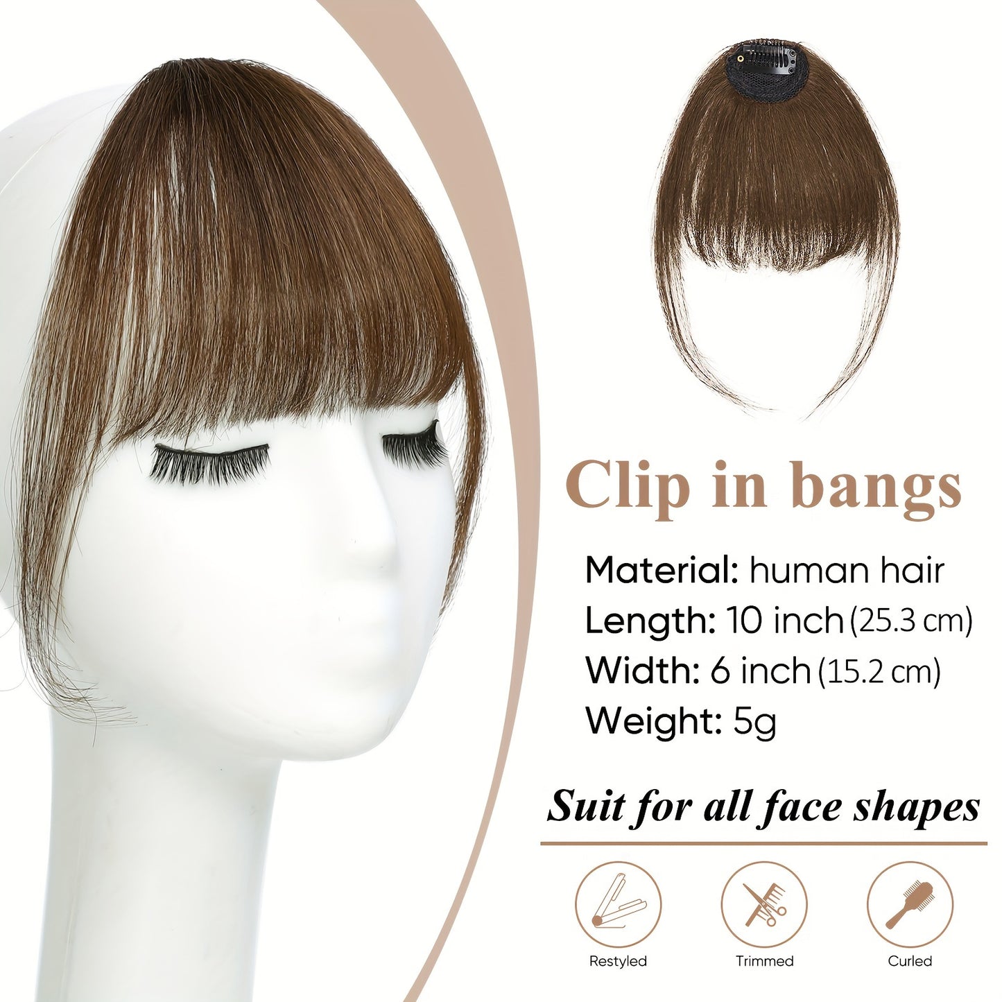 Clip-In Human Hair Bangs - Wispy Fake Fringe with Temples, Curved Hairpieces for Women, Daily Wear Clip-On Bangs