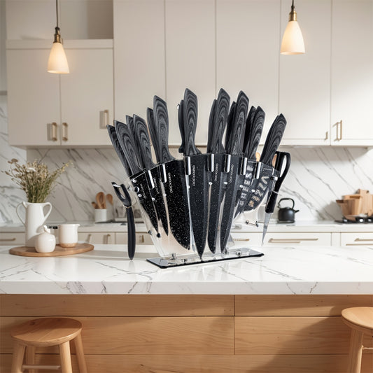 19 Piece High Carbon Stainless Steel Kitchen Knife Set – Includes Serrated Steak Knives, Chef Knives, Bread Knife, Scissors, Sharpener – All-in-One Block Set