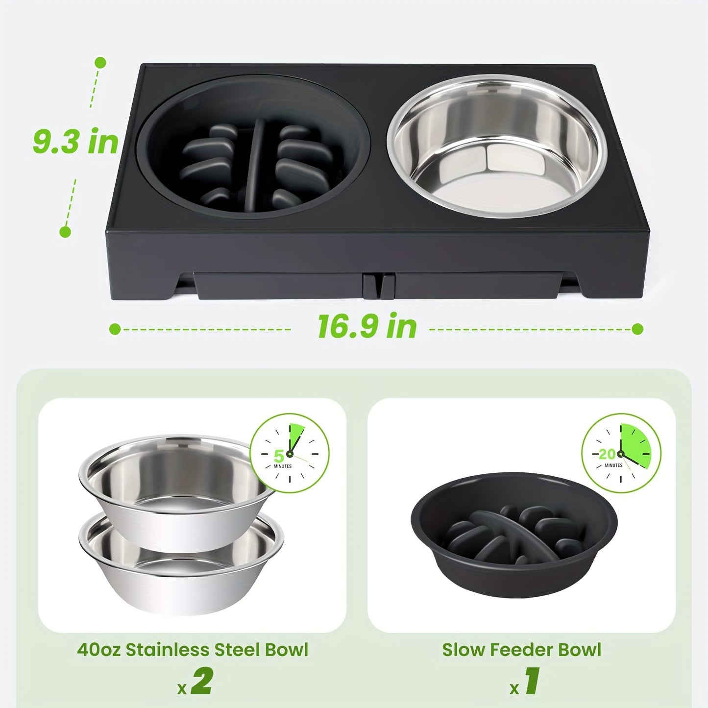 Elevated Dog Bowls with 5 Adjustable Heights – Raised Stand with 2 Stainless Steel Bowls and 1 Slow Feeder, Adjusts from 3.2" to 12.2" for Small, Medium, and Large Dogs