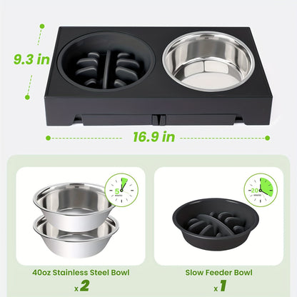 Elevated Dog Bowls with 5 Adjustable Heights – Raised Stand with 2 Stainless Steel Bowls and 1 Slow Feeder, Adjusts from 3.2" to 12.2" for Small, Medium, and Large Dogs