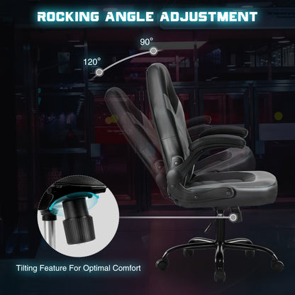 Ergonomic Gaming Chair – PU Leather Home Office Desk Chair with Lumbar Support, Height Adjustable, Big and Tall with Flip-Up Armrests and Swivel Wheels for Adults and Teens