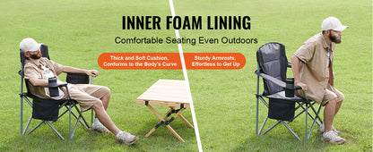 Camping Folding Chair — Portable Padded Armchair with Lumbar Support & Side Pockets for Beach, Lawn, Picnic
