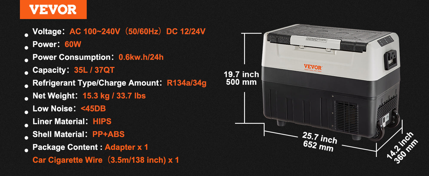 VEVOR Portable Car Refrigerator — 35L/45L/55L Foldable Handle Compressor Freezer with Wheels for Camping, Picnics & Travel