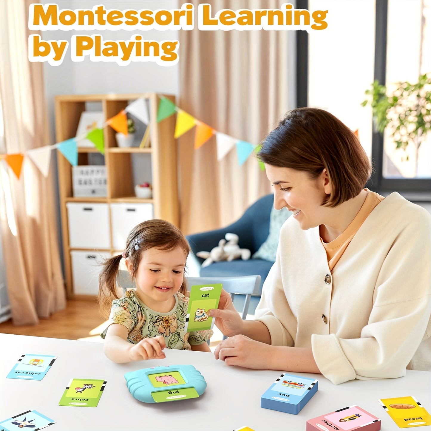 Interactive Montessori Flash Card Toy for Ages 0-3 – Talking Educational Playset with 112 Double-Sided Vocabulary Cards, Bilingual Language Activity for Toddler Sensory Learning, Perfect Kids Gift