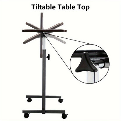 Mobile Height Adjustable Side Table – Portable Overbed Bedside Table with Wheels, Tilting Laptop & Food Tray, Room Decor