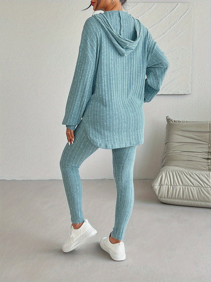 Ribbed Two-Piece Set - Casual Long Sleeve Hooded Top and Skinny Pants Outfit for Women