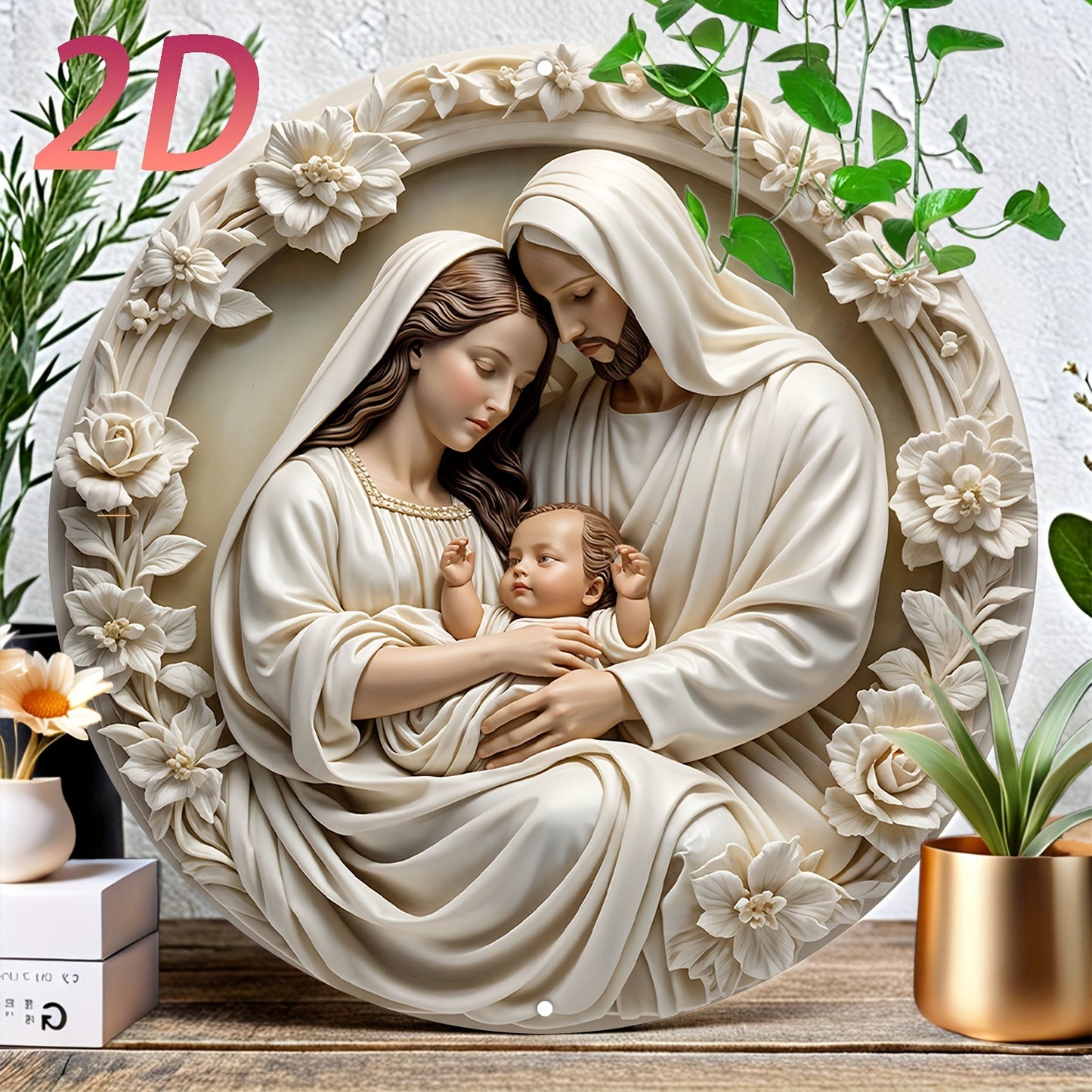Round Aluminum 'Nativity' Sign - 8x8 Inches | 3D Vision Christmas Wreath Sign for Front Door, Living Room, Cafe, Farmhouse | Ideal Gift & Home Decoration