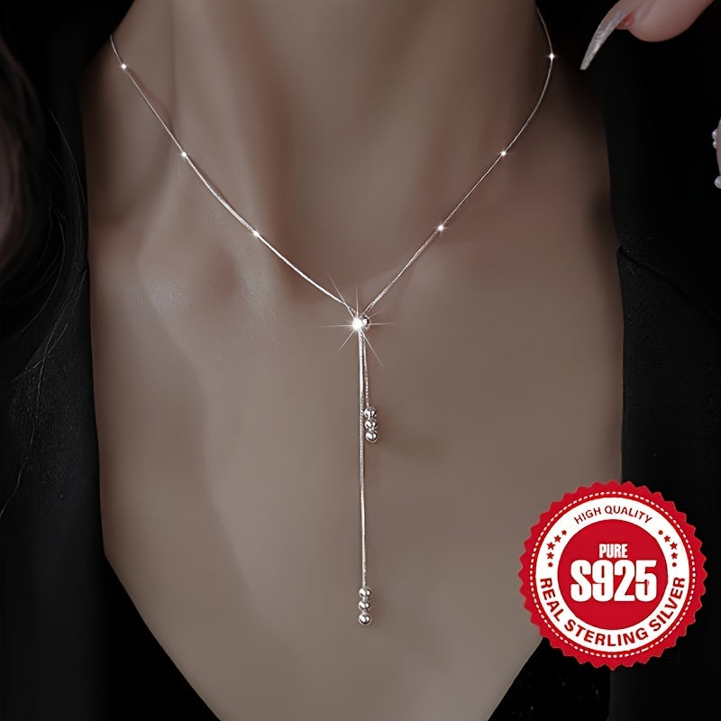 Elegant 925 Sterling Silver Y-Shape Necklace for Women - Adjustable Bead Slider, Silver Plated, Hypoallergenic, Versatile for All Seasons, Perfect for Daily Wear & Vacation, Christmas Gift
