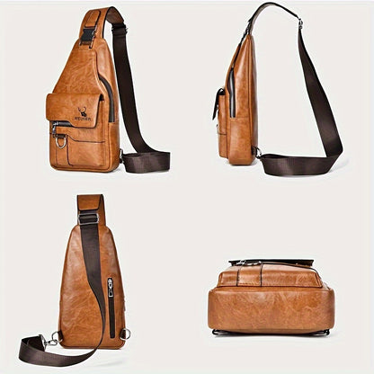 Men's PU Leather Vintage Chest Bag – Casual Large Capacity Crossbody with Multi-Compartments – Waterproof Premium Design for Everyday Use