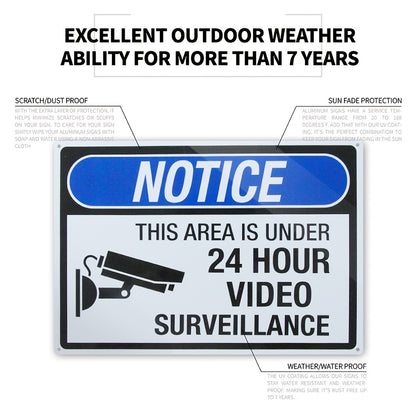 4pcs 24-Hour Video Surveillance Warning Signs - 10"x14" Rust-Free Aluminum, UV-Printed, Durable Weatherproof with Pre-Drilled Holes for Home & Office
