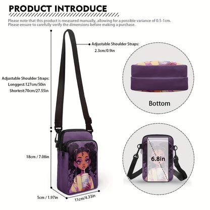 Chic African Girl Print Crossbody Bag - Trendy, Lightweight Double Layer with Adjustable Strap and Zip Closure for Daily Use