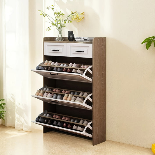 Narrow Shoe Cabinet Set – 3 Doors and 2 Drawers, Wooden Hallway Shoe Rack, White Flip-Style, Ideal for Corridors and Apartments