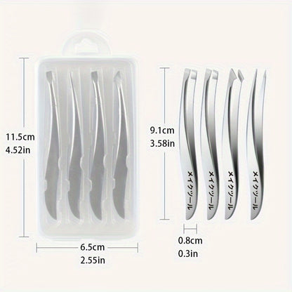 Japanese Banana Tweezer Set - 4-Piece Stainless Steel Precision Tweezers for Eyelash, Eyebrow, and Ingrown Hair Removal