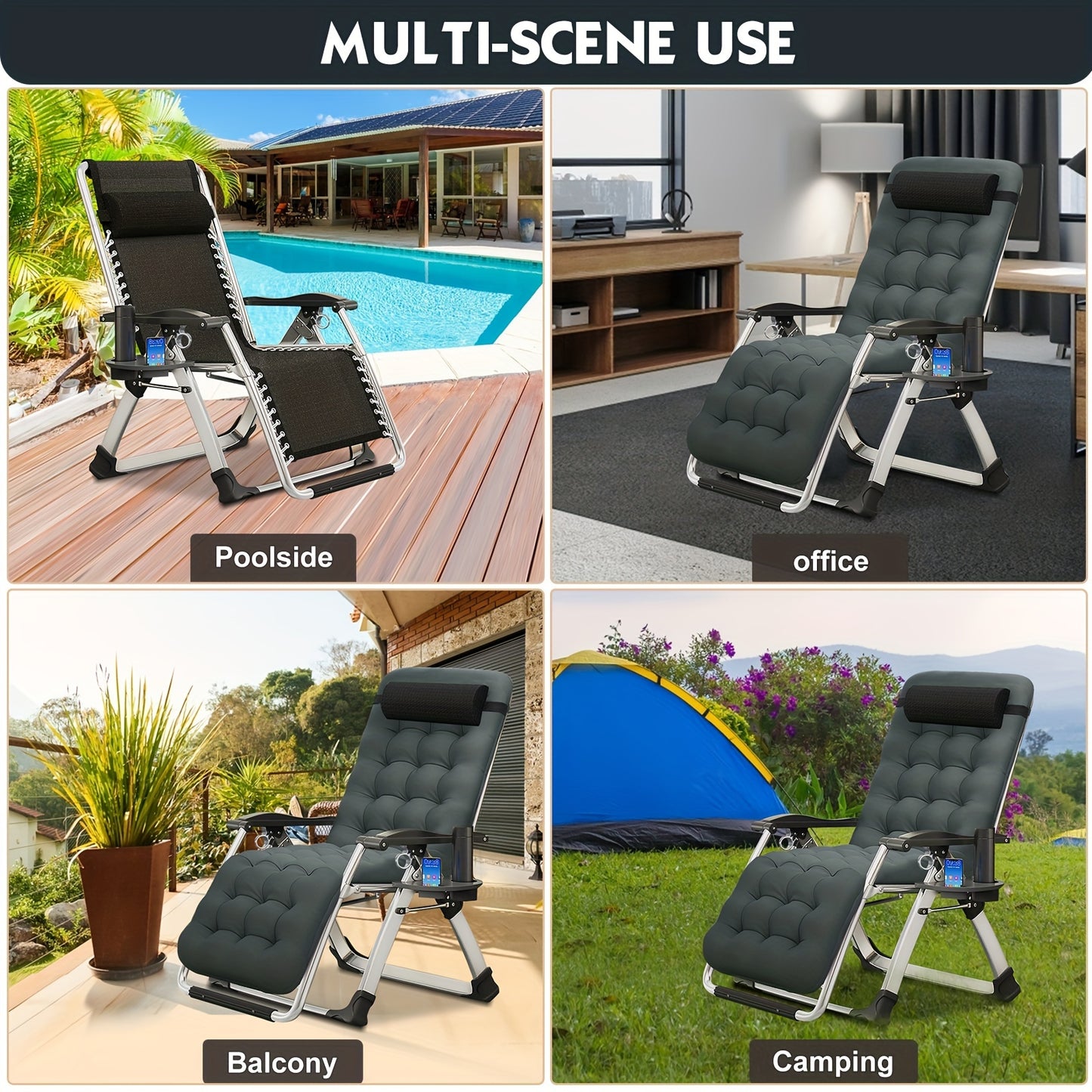 Zero Gravity Chair – Reclining Lounge Chair with Removable Cushion & Cup Holder, Indoor/Outdoor Patio Recliner, Supports Up to 440lbs