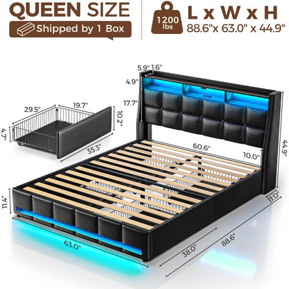 Twin Full Queen Bed Frame with LED Lighting and Charging Station - PU Leather/Neutral Linen Storage Headboard, Drawers, Heavy Duty Wood Slats, Easy Assembly - Modern Bedroom Furniture Upgrade