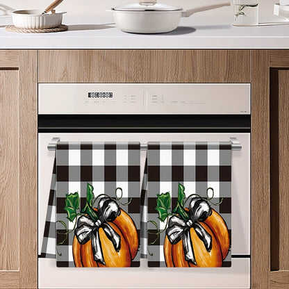 2PCS Vintage Pumpkin Kitchen Towels - Plaid Polyester Dish Cloths for Thanksgiving and Halloween, Machine Washable