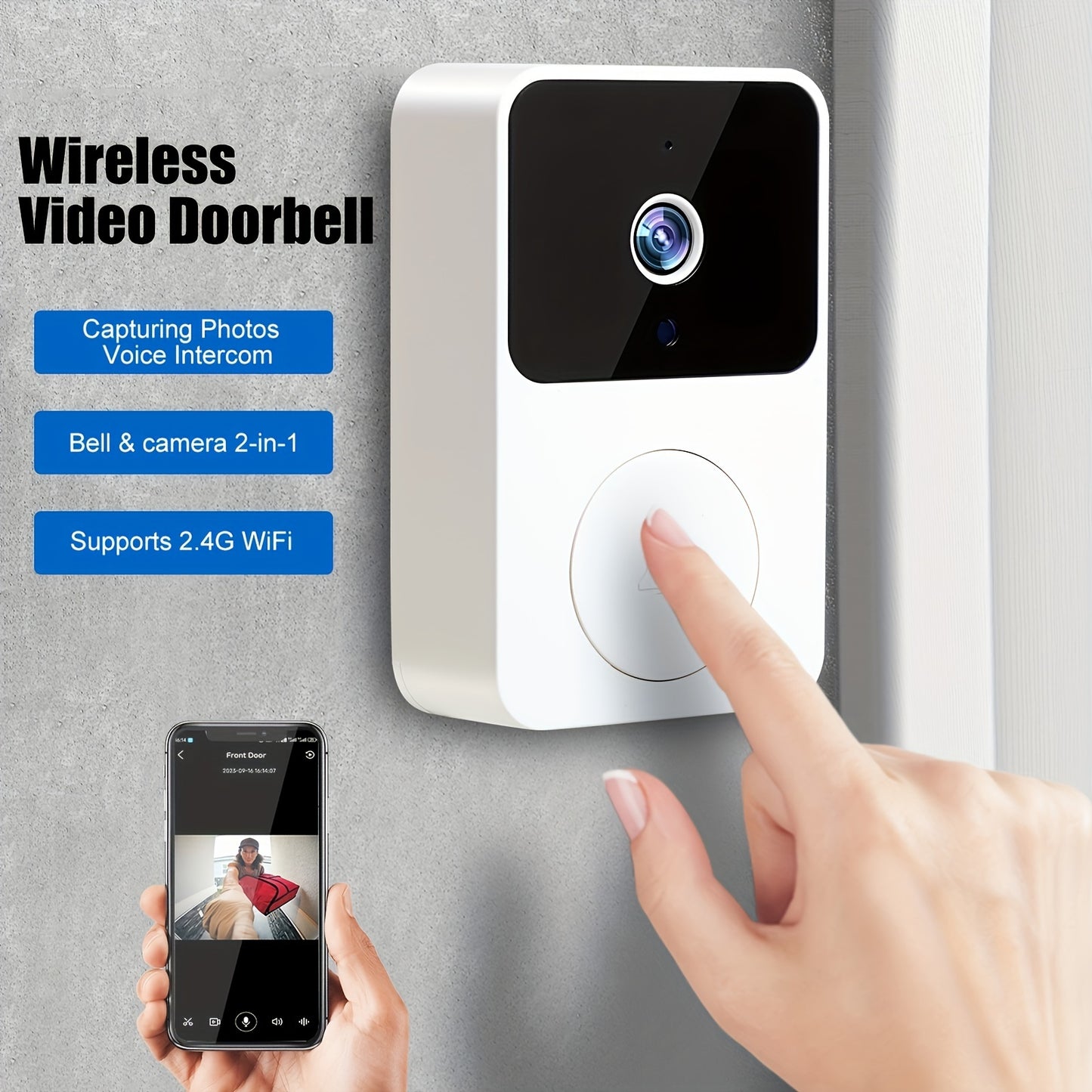 Wireless Doorbell Camera – HD Night Vision, WiFi Rechargeable Security Doorbell with Two-Way Calls, Photo, Recording, APP Control, Voice Change ( White )