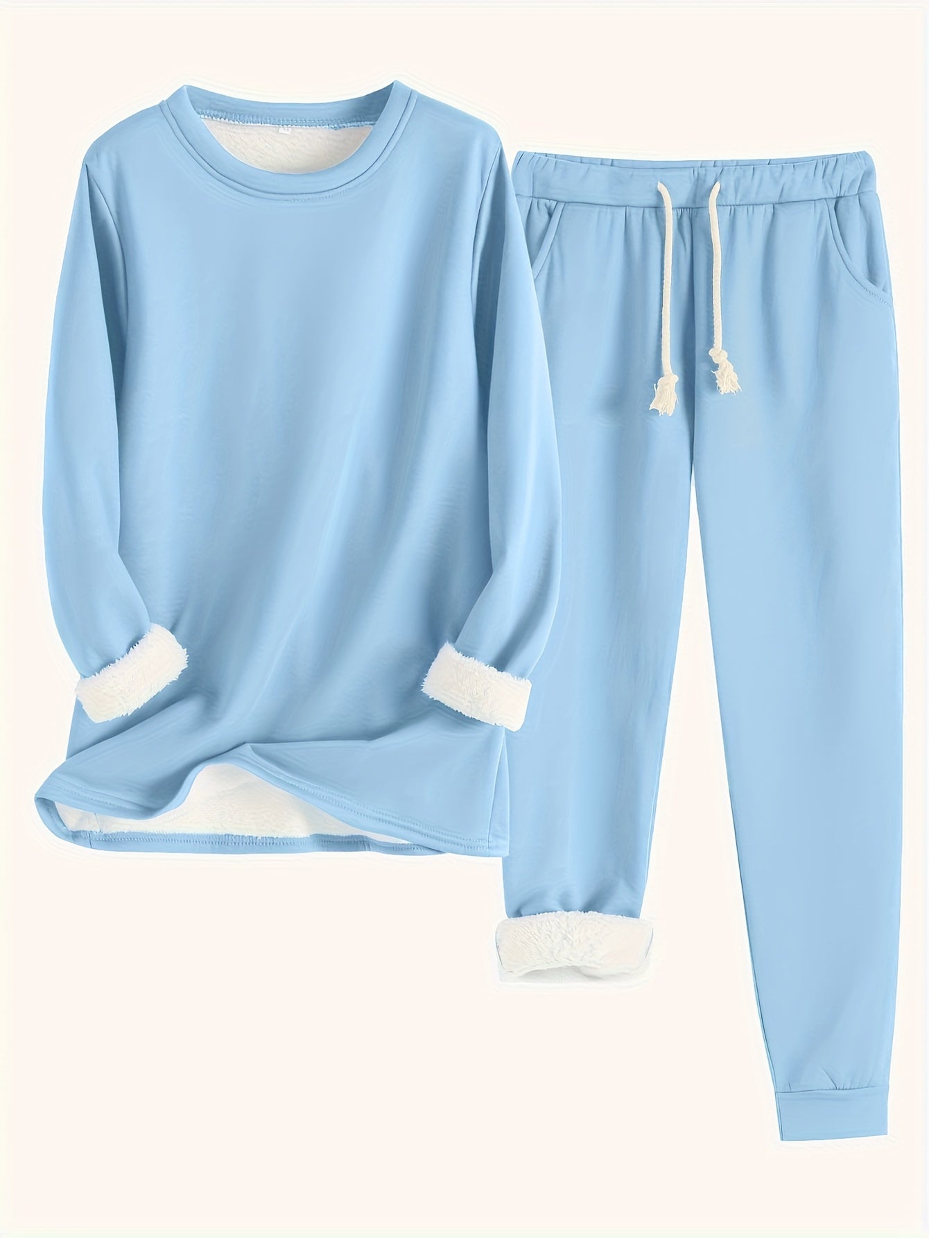 Women's Solid Color Thermal Set – Long Sleeve Sweatshirt & Drawstring Pants Outfit