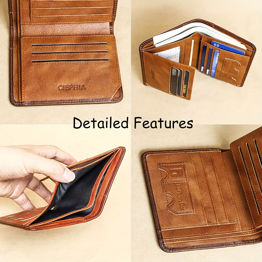1pc Genuine Leather RFID Blocking Wallet for Men - Retro Thin Short ID & Credit Card Holder, Multi-Functional Gift for Valentine's Day