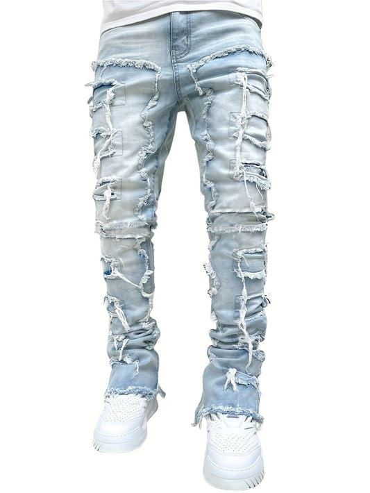Creative Tassels Decoration Straight Fit Jeans - Men's Casual Medium Stretch Street Style Denim Pants for All Seasons