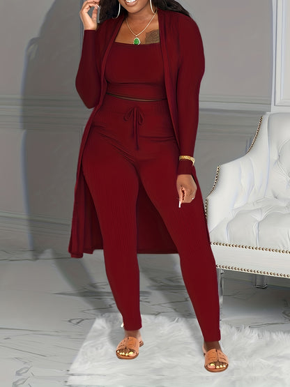 Women's Ribbed Solid Three-Piece Set - Open Front Long Sleeve Cardigan, Tank Top, and Lace-Up Pants Outfit
