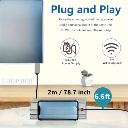 USB 3.1 Type-C to HDTV Adapter Cable - 4K HD Display, 2m/6.6ft, USB-Powered, Direct Phone to TV Connection, No WiFi/Software Required