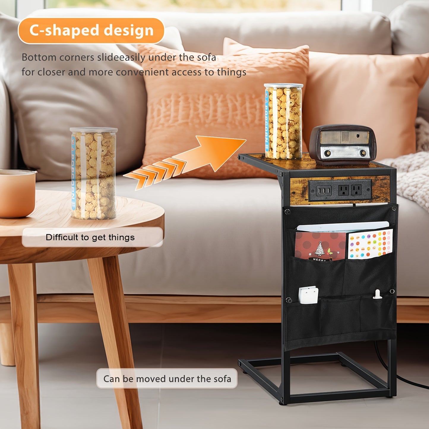 2pcs C-Shaped End Table Set – 50LBS Desktop, Charging Station and Storage Bag, Removable & Slide-Under-Sofa Design – Ideal for Living Room, Bedroom