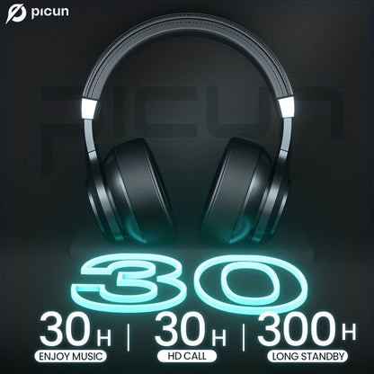 Picun P28X BT Over-Ear Headphones - 30H Playtime, EQ Music Modes, HiFi Stereo, Deep Bass, Lightweight Foldable Headset with Microphone, Dual Moving Coils for Home, Office and PC