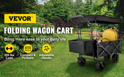 VEVOR Folding Wagon Cart with Adjustable Handle & Removable Canopy – Collapsible Oxford Cloth Utility Cart for Camping, Beach & Outdoor Use