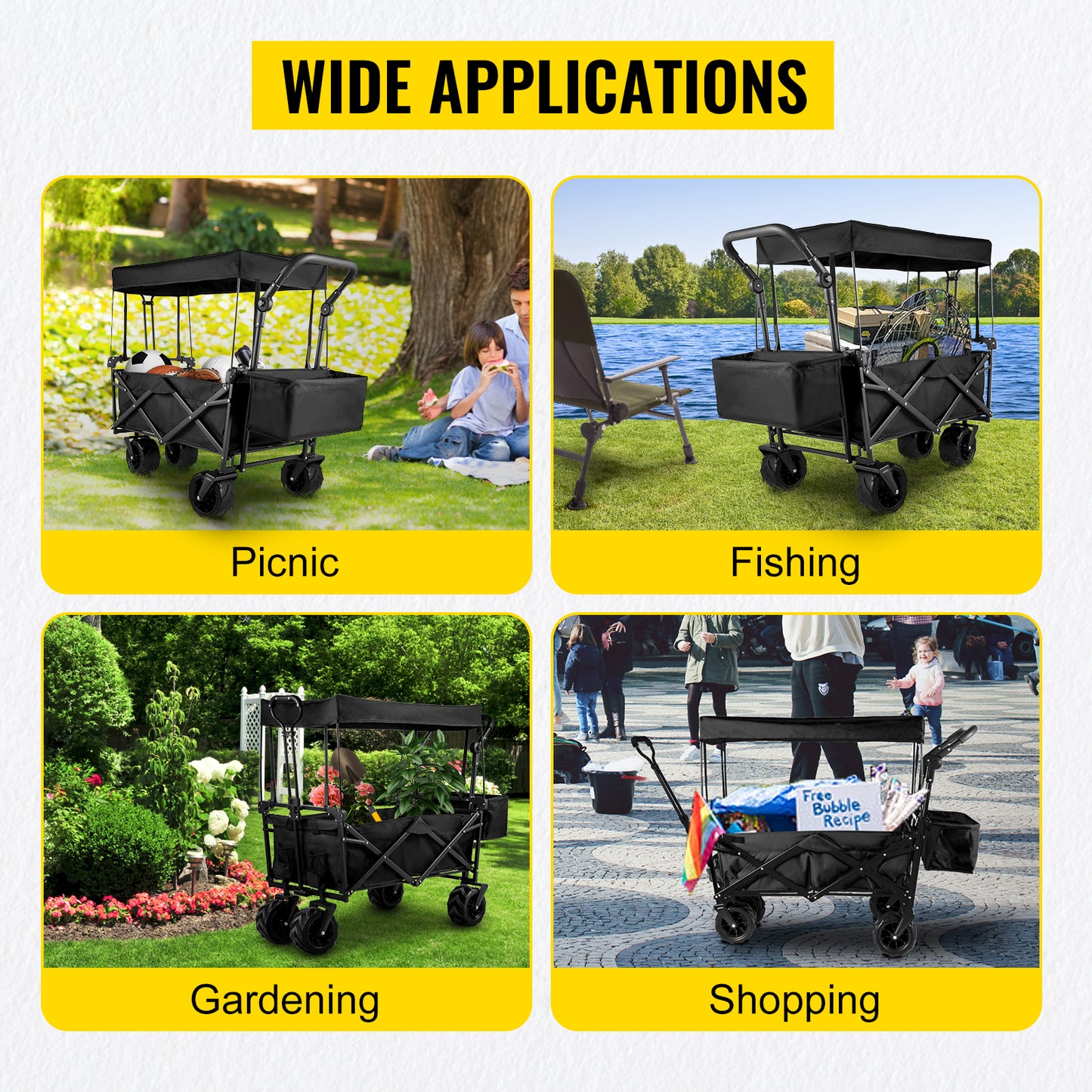 VEVOR Folding Wagon Cart with Adjustable Handle & Removable Canopy – Collapsible Oxford Cloth Utility Cart for Camping, Beach & Outdoor Use
