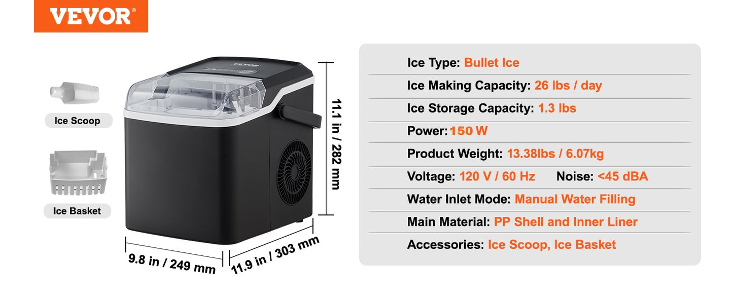 VEVOR Countertop Ice Maker - Self-Cleaning Portable Machine with Ice Scoop & Basket, 2 Sizes Bullet Ice