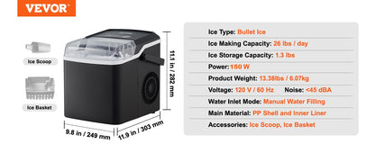VEVOR Countertop Ice Maker - Self-Cleaning Portable Machine with Ice Scoop & Basket, 2 Sizes Bullet Ice