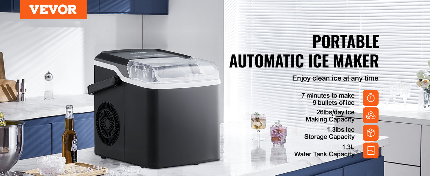 VEVOR Countertop Ice Maker - Self-Cleaning Portable Machine with Ice Scoop & Basket, 2 Sizes Bullet Ice