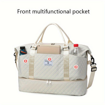 Large Capacity Travel Duffel Bag with Shoe Compartment - Nylon Gym Bag with Cosmetic Pouch, Pull-Out Cover, Hand Washable - Ideal for Weekend and Overnight Trips, Random Print