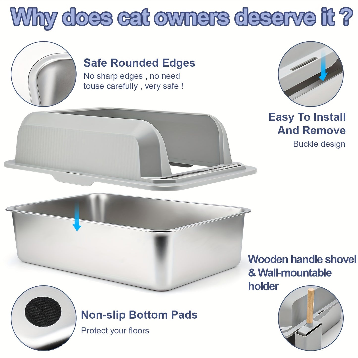 Extra-Large Stainless Steel Cat Litter Box with Lid - Open-Top, High-Sided, Leak-Proof, Easy Clean, Includes Scoop, Durable ABS and Plastic, Odor-Free with Separate Base