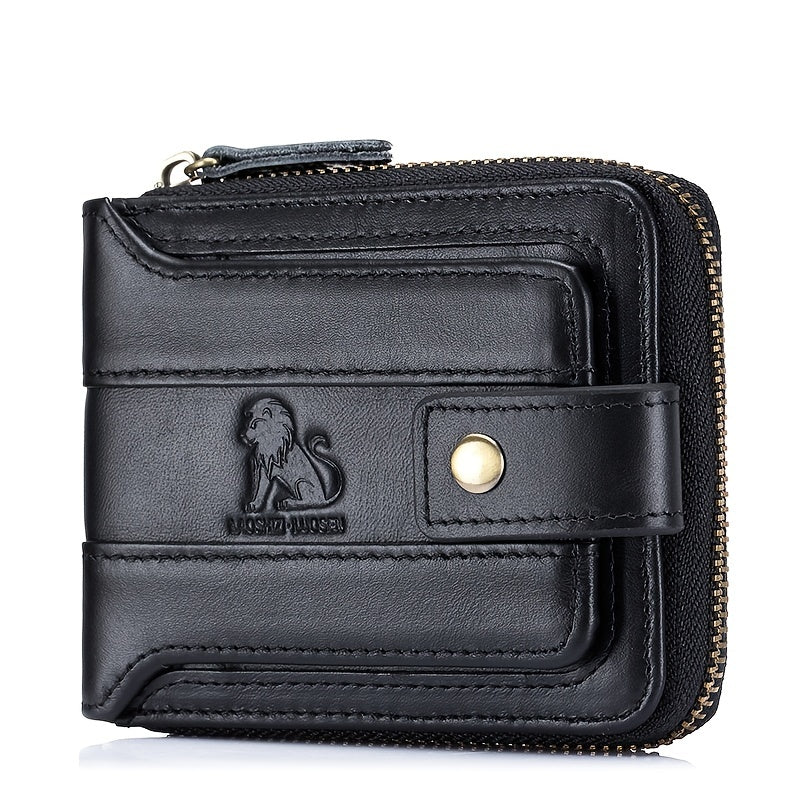 Men's Retro Genuine Leather Multi-Card Wallet with Zip - Large Capacity, Anti-Theft Design