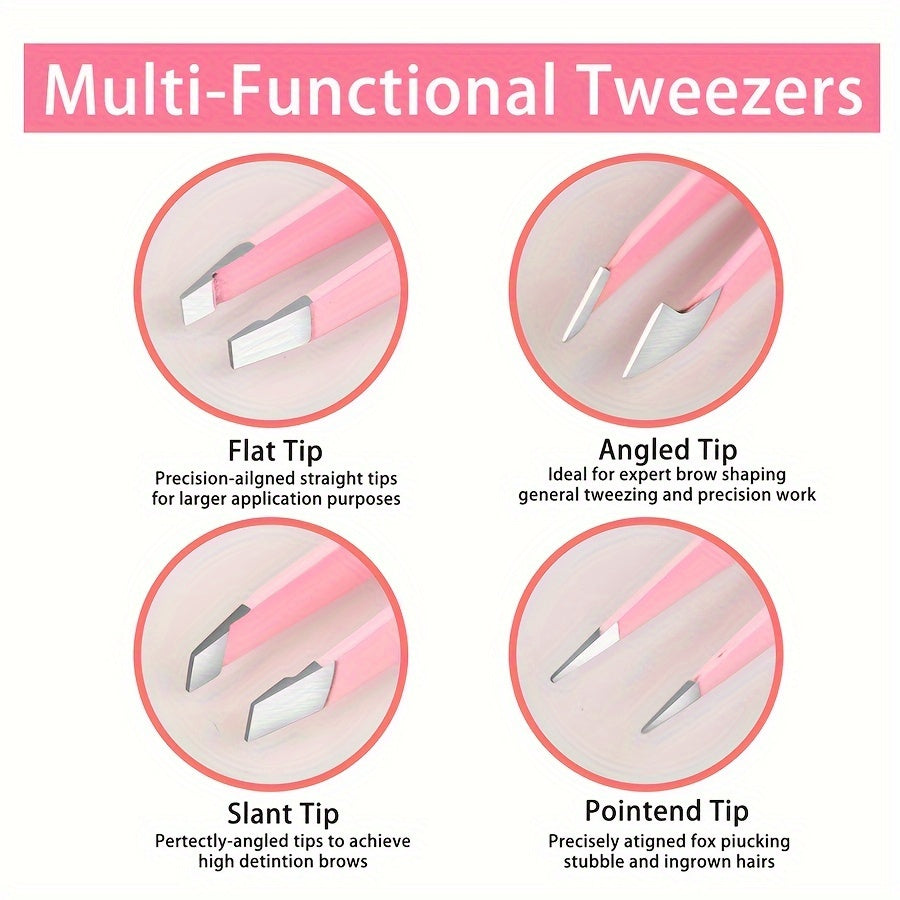 Professional Stainless Steel Tweezers Set – Precision Eyebrow Tweezers for Facial Hair, Splinter & Ingrown Hair Removal, with Storage Bag (Pink)