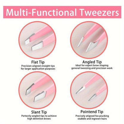 Professional Stainless Steel Tweezers Set – Precision Eyebrow Tweezers for Facial Hair, Splinter & Ingrown Hair Removal, with Storage Bag (Pink)