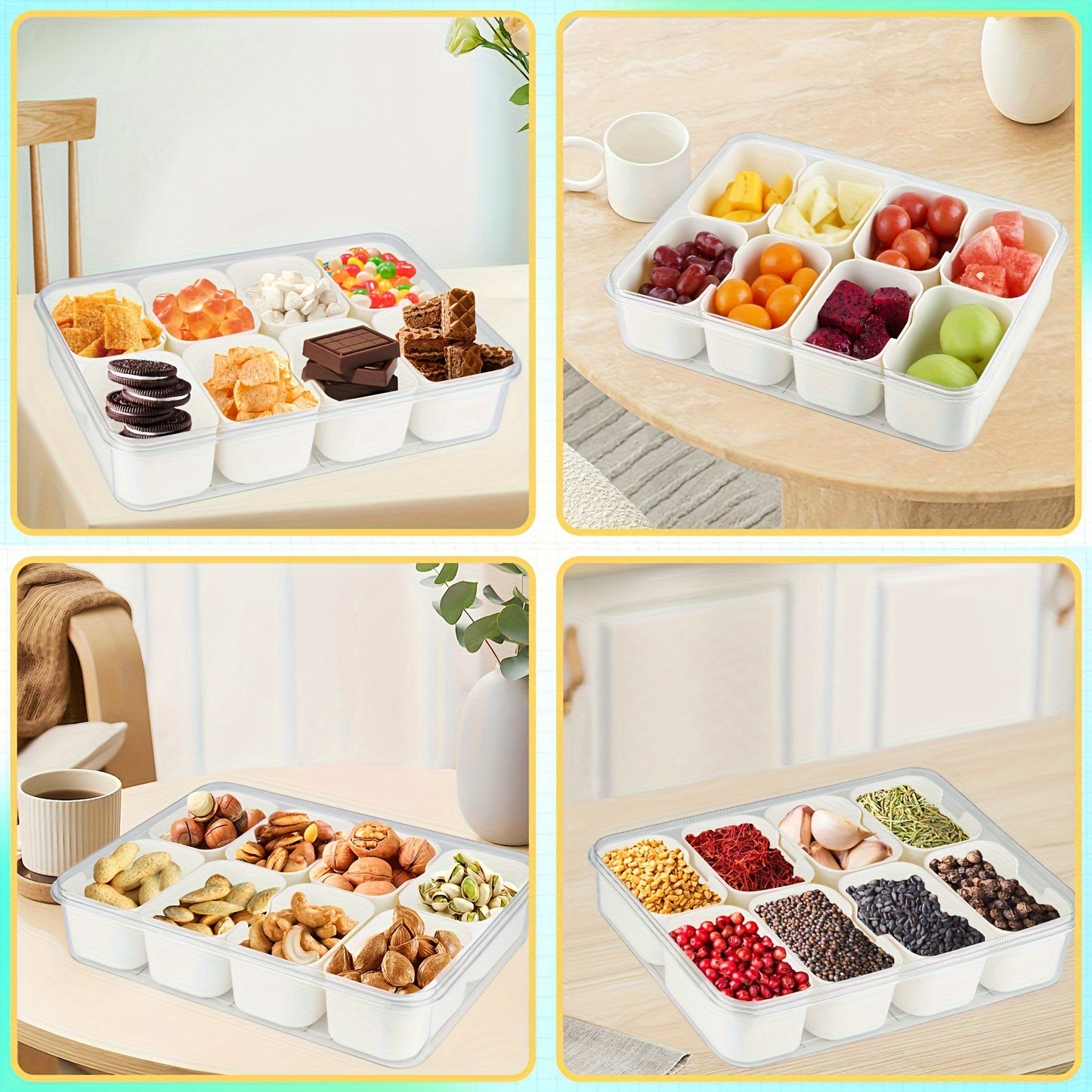 Divided Serving Tray with Handle - Lid and Removable Snack Box, 8-Compartment Fruit Container, Food Storage, Snack and Lunch Organizer, Fridge Platter for Candy, Party, Salad