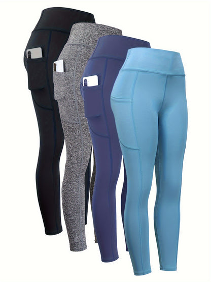 4pcs High Waist Yoga Leggings with Pocket – Seamless, Butt Lifting, Elastic Activewear for Women, Wide Waistband, Ideal for Fall and Winter