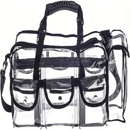 Professional Large Capacity Transparent PVC Makeup Organizer – Waterproof Cosmetic Bag with 6 Pockets and Adjustable Shoulder Strap, Travel-Friendly for MUA and Artists