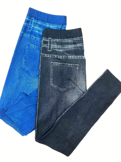 2 Pack Imitation Denim Print Pants - Casual Stretchy Everyday Pants for Women