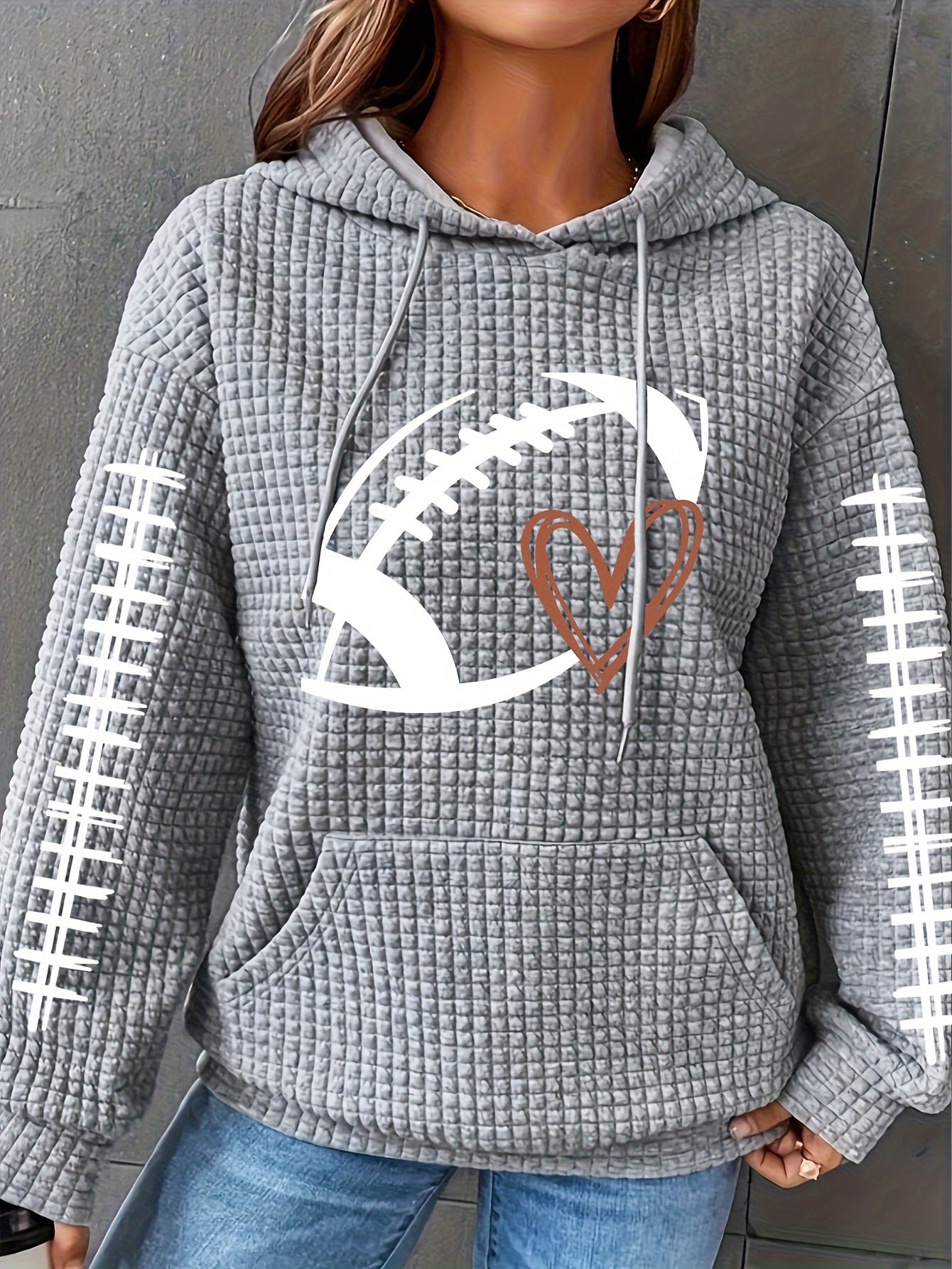 Cozy Plus Size Women's Hoodie – Heart Rugby Print, Waffle Knit, Long Sleeve with Drawstring Hood and Kangaroo Pockets, Casual Wear for Curvy Fashionistas