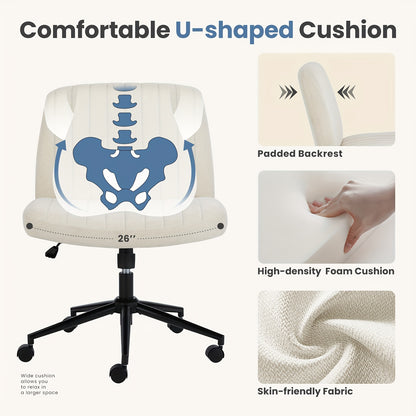 Criss Cross Office Chair with Wheels - Wide Armless Desk Chair, Adjustable Swivel, Comfy for Home and Vanity