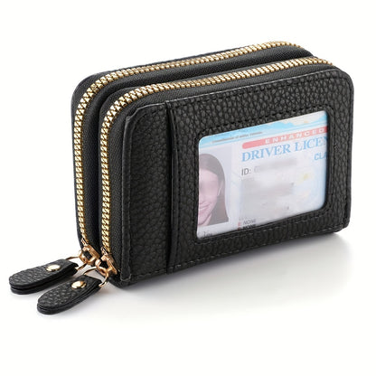DEABOLAR Compact Dual Zipper Wallet - Large Capacity with Clear ID Window and Coin Purse, Black Faux Leather for Men and Women