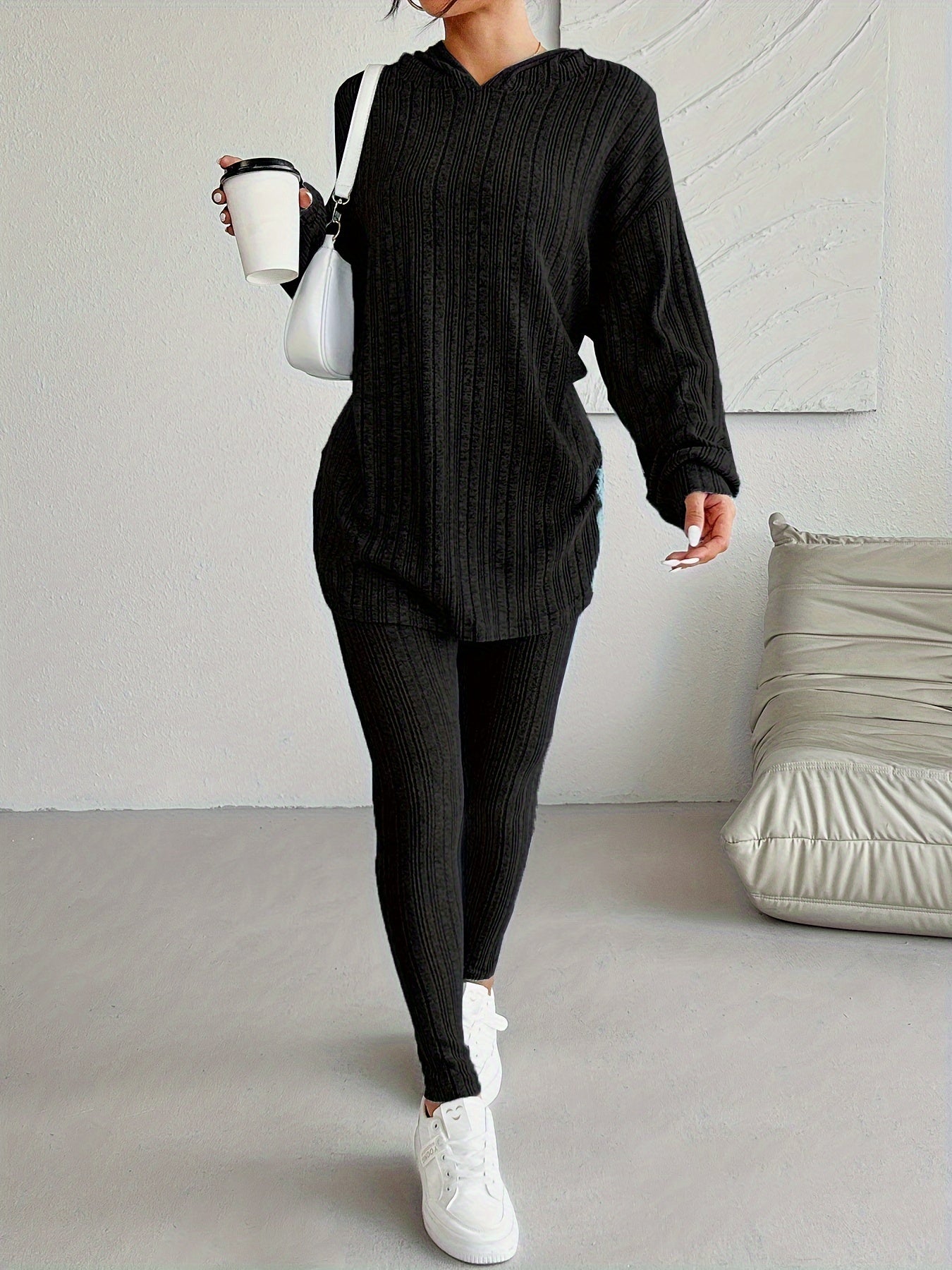 Ribbed Two-Piece Set - Casual Long Sleeve Hooded Top and Skinny Pants Outfit for Women