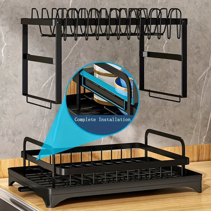 2 Tier Rustproof Metal Dish Rack with Drainboard and Utensil Holder – Space-Saving Kitchen Countertop Organizer for Dishes and Utensils, Easy to Clean