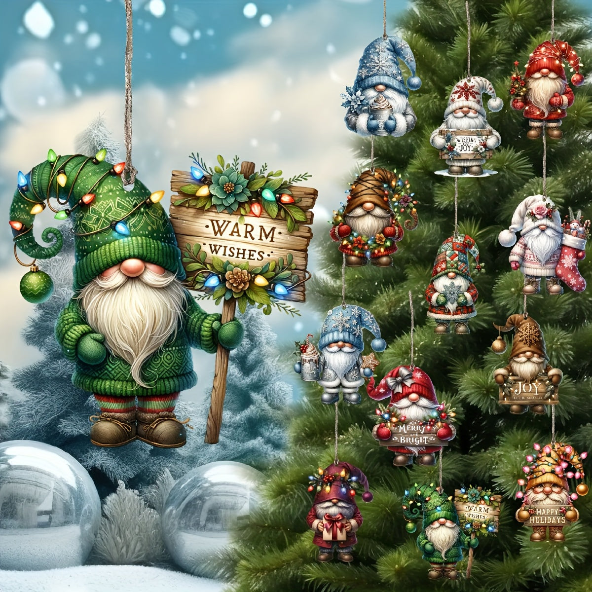 12pcs Handcrafted Wooden Christmas Gnome Hanging Ornaments - Perfect Holiday Season Gift, No Batteries Required